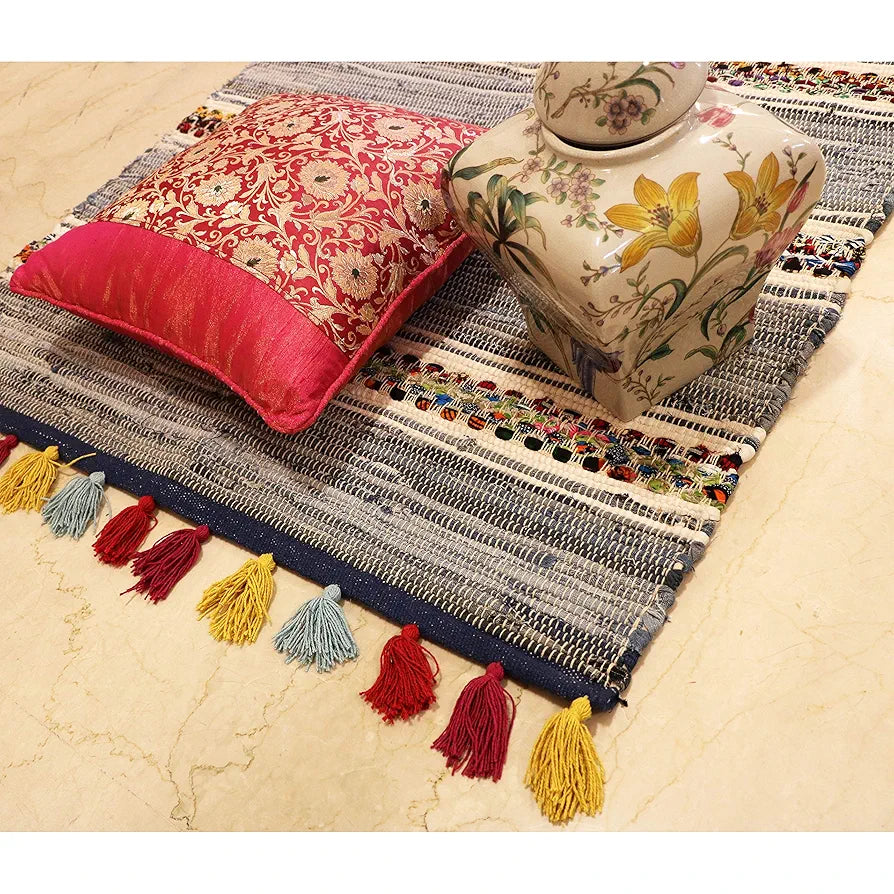 THE HOME TALK Cotton Chindi Rug | Denim Weived | Carpets for Bathroom, Entrance Door, Kitchen, Entry Gate, Living Room | Recycled Thread Weave Rug | Anti-Skid | 2 x 5 Feet | Denim Blue